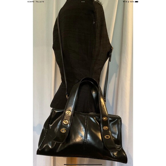 House of Want HOW We Are Dynamic Top Handle Satchel Glossy Black Vegan Leather - Picture 1 of 11
